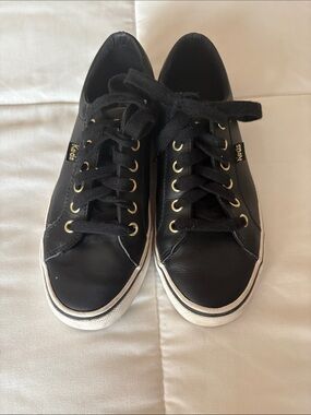 Keds Black Leather Sneakers with Gold Eyelets